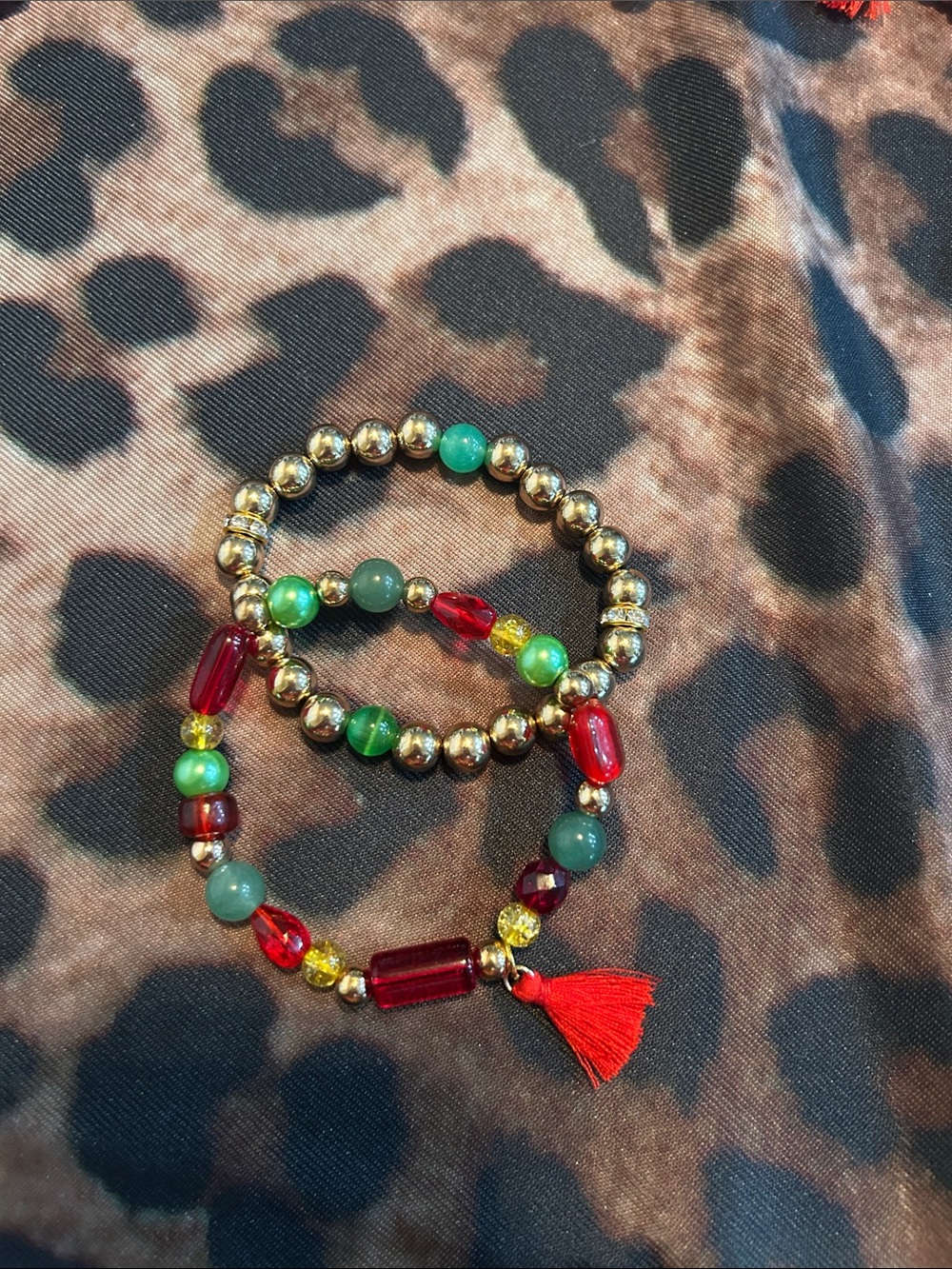 Hand Crafted Gold, Red and Green Beaded Bracelet Set